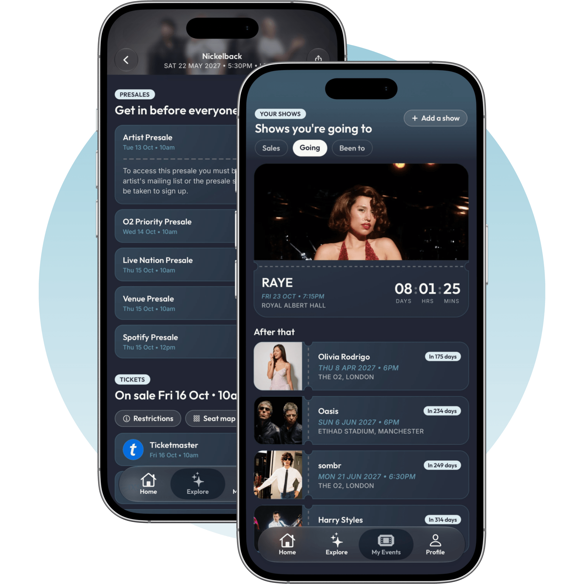 The Evnt Central app: every presale time for a show, and a countdown to the shows you're going to